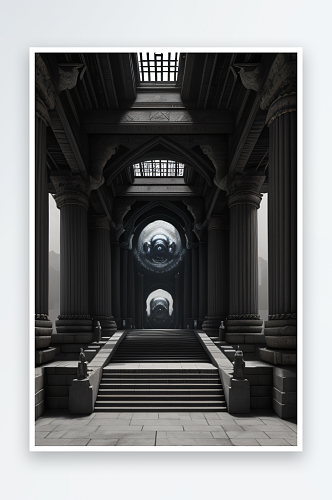 超写实暗黑古宫殿生物机械巨大大厅