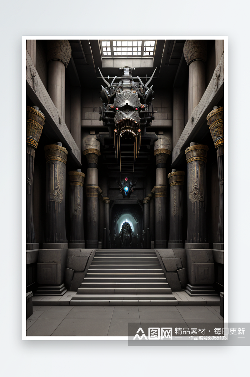 超写实古宫暗黑未来影像生物机械巨厅素材