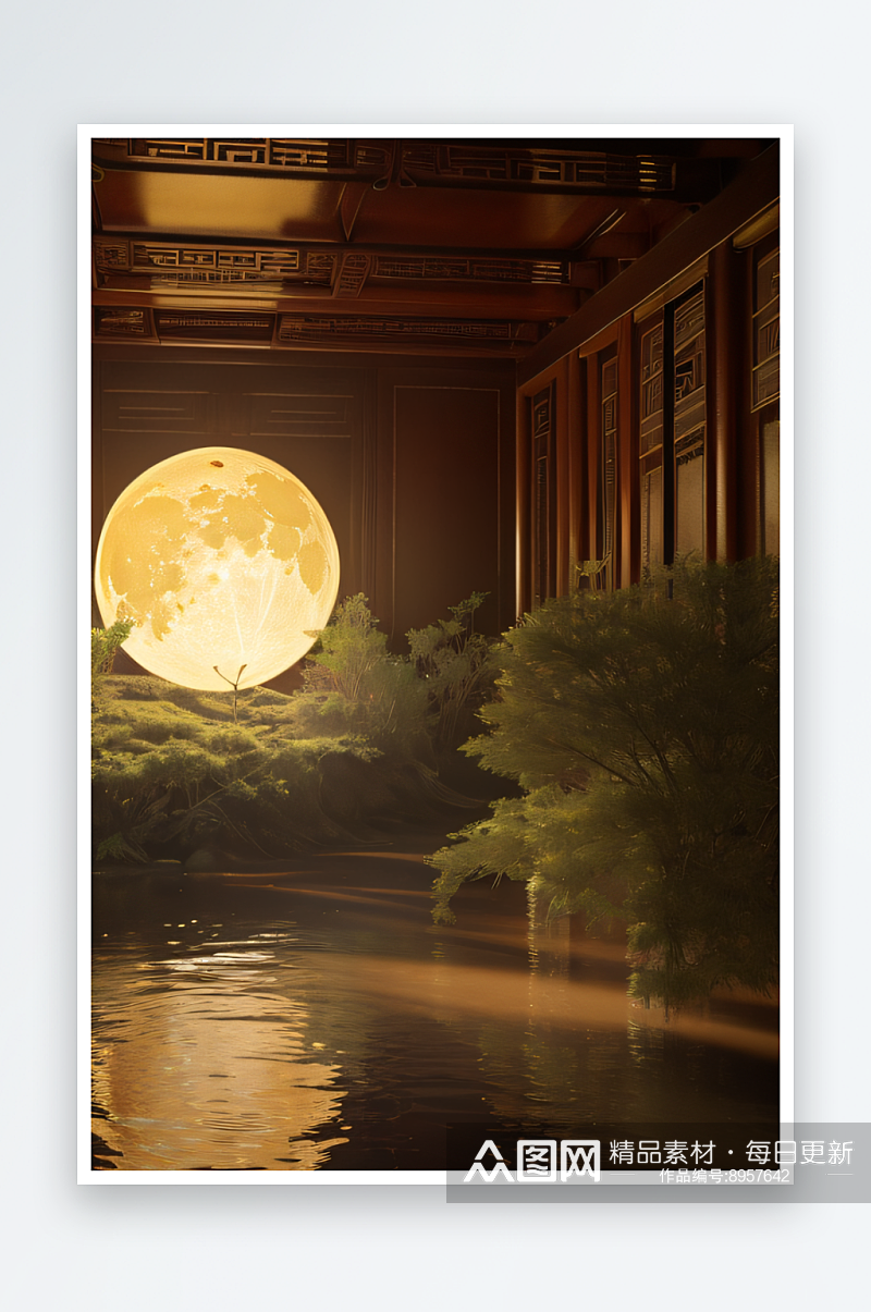 水中宫殿金色之月映照浪漫至极素材