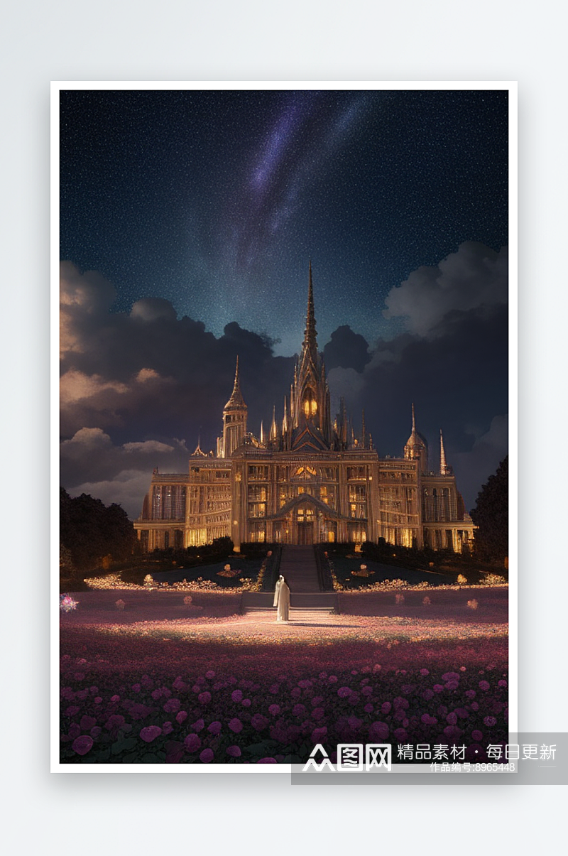 梦幻水晶宫超真实渲染星空下的童话般宫殿素材