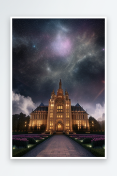 梦幻水晶宫超真实渲染星空下的童话般宫殿