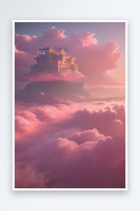 梦幻粉色玫瑰之海云端上的三座宏伟宫殿