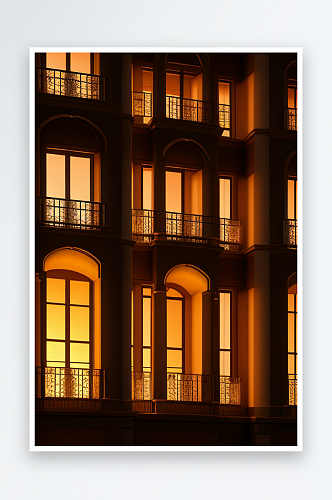 豪华六层宫殿宽大窗户与阳台夕阳美丽