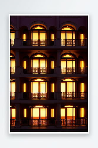 豪华六层宫殿宽大窗户与阳台夕阳美丽