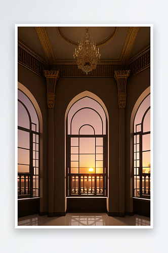 奢华六层宫殿宽阔窗户与阳台夕阳美景