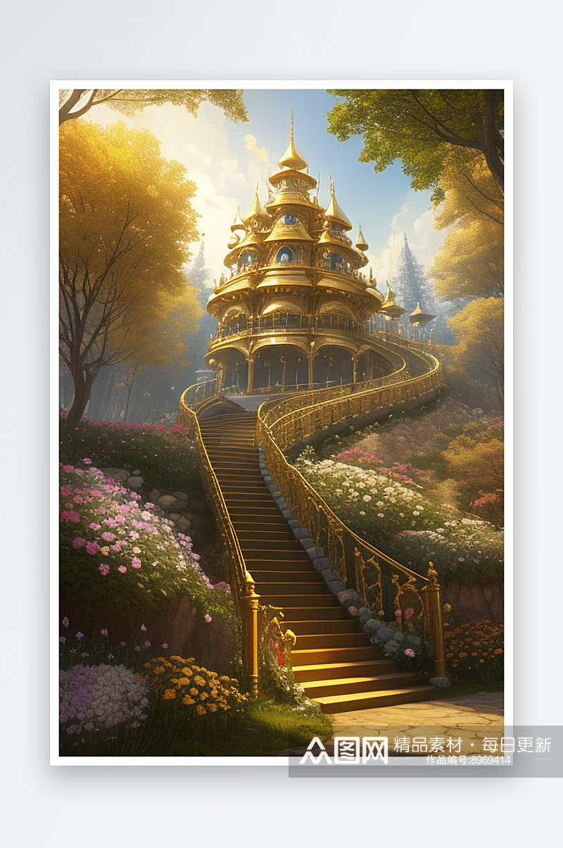 黄金梦境通往天空的阶梯花草树木环绕素材