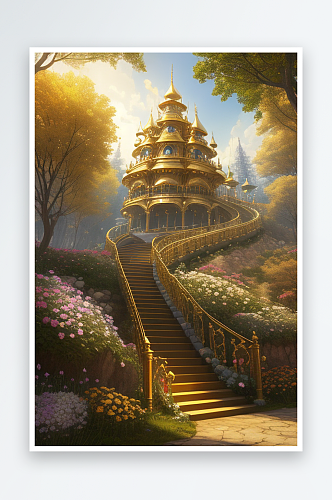 黄金梦境通往天空的阶梯花草树木环绕