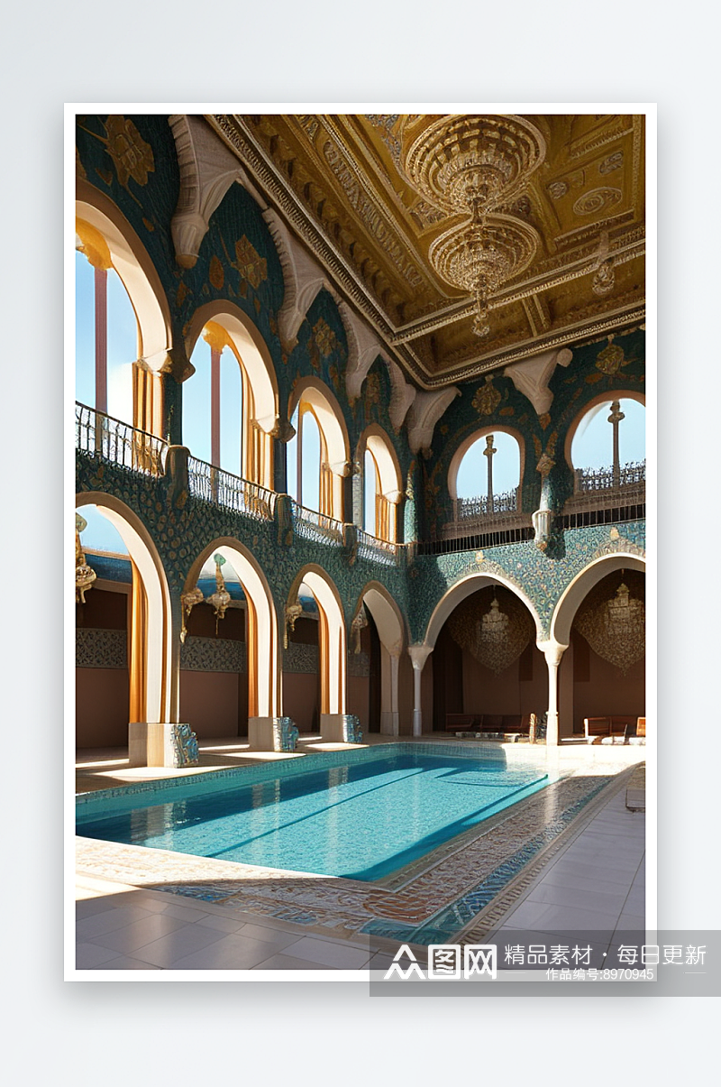壁上贝壳与马赛克的宫殿泳池素材