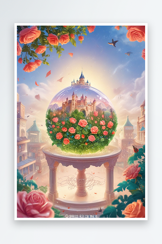 玻璃瓶中花园玫瑰与城堡的奇幻景色