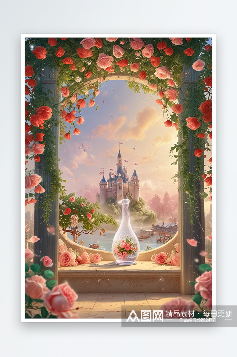 玫瑰花园与城堡的梦幻景色素材