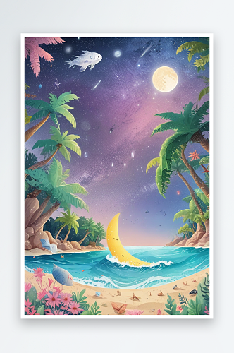 夜晚沙滩上的银色新月与星光美景