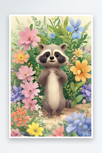 温馨画面小浣熊与鲜花相伴