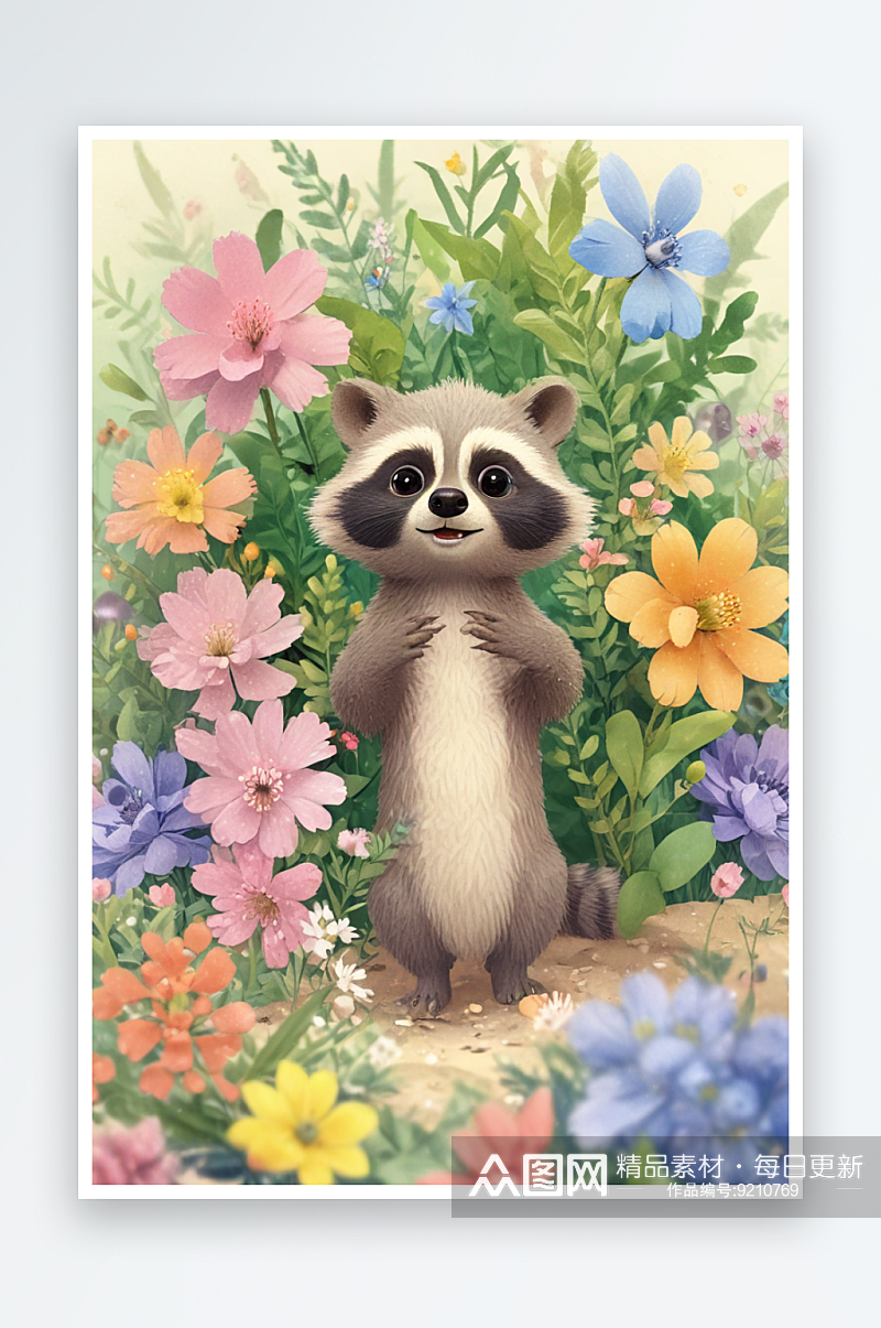 温馨画面小浣熊与鲜花相伴素材