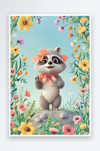温馨画面小浣熊与鲜花相伴