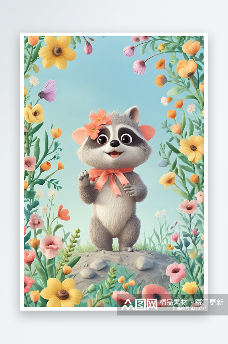 温馨画面小浣熊与鲜花相伴素材