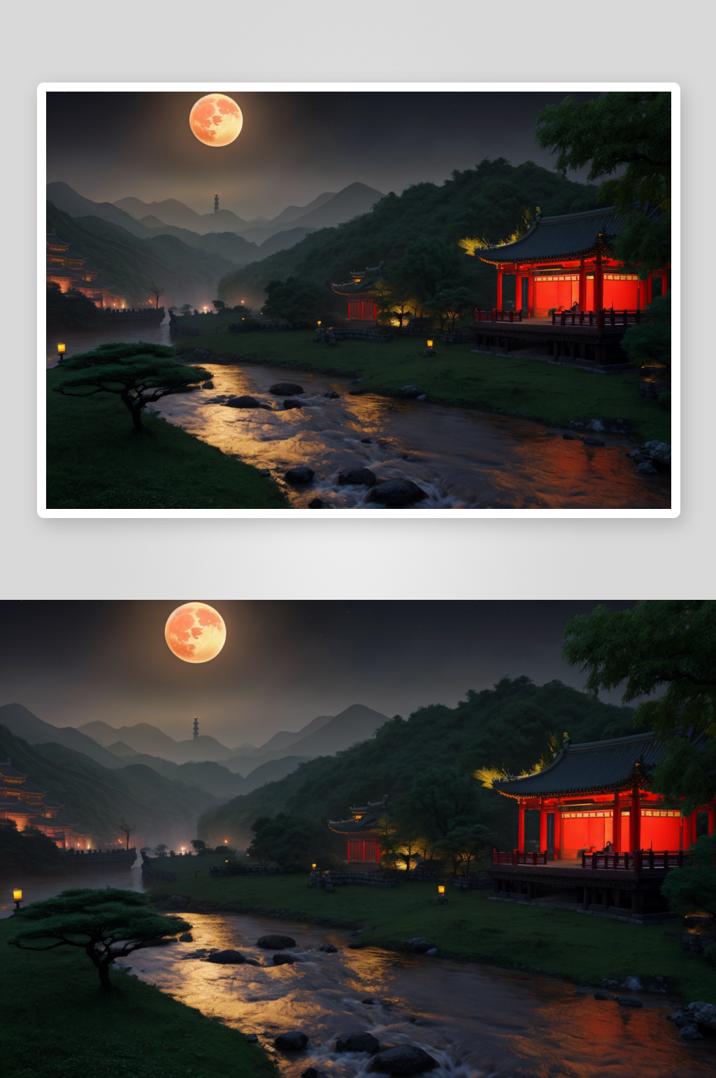 暗夜中的古建筑与河流素材
