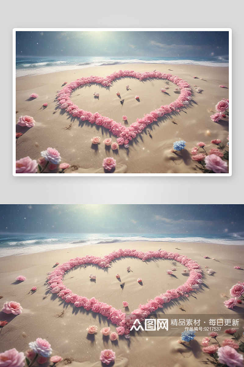 沙滩心型花朵爱在沙滩上绽放素材