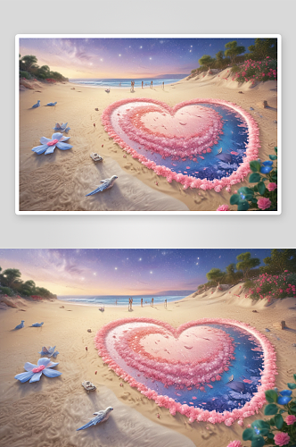 沙滩心型花朵爱在沙滩上绽放
