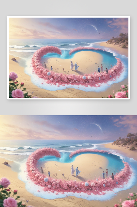 沙滩心型花朵沙滩上的浪漫景观
