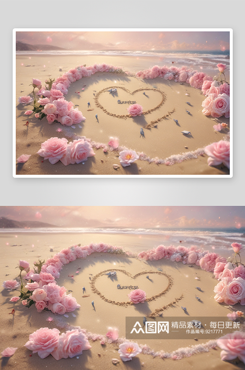 沙滩心型花朵沙滩上的浪漫景观素材