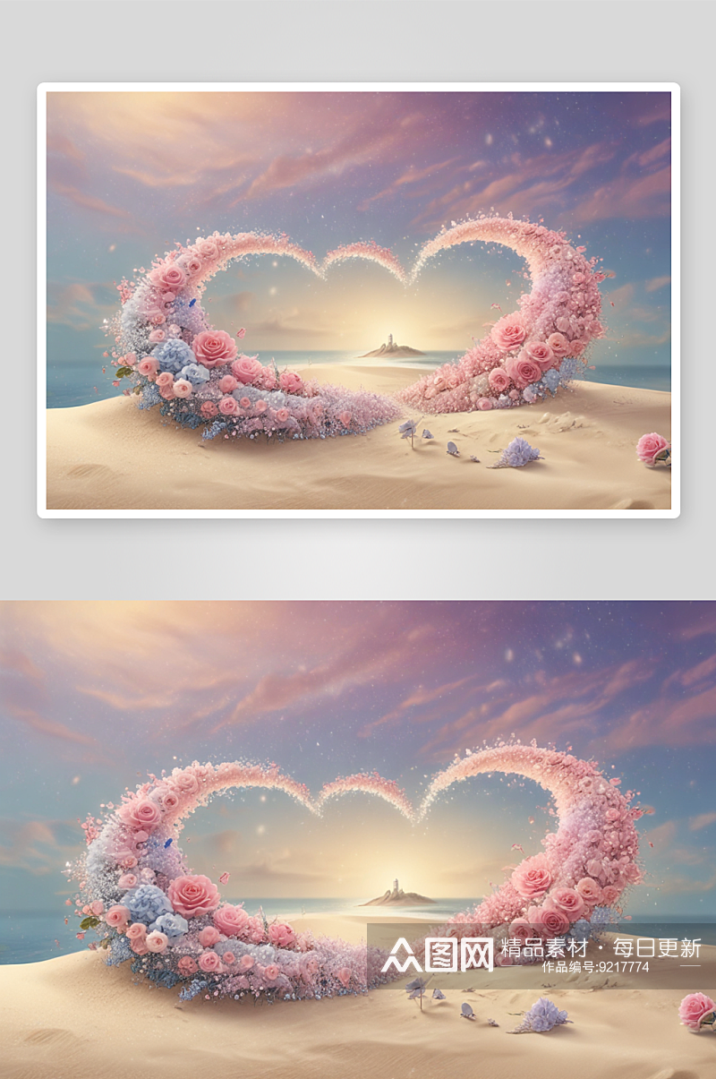 沙滩心型花朵沙滩上的浪漫景观素材
