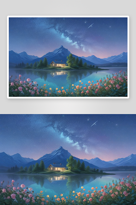 夜空中湖面上树木星光璀璨的湖畔美景