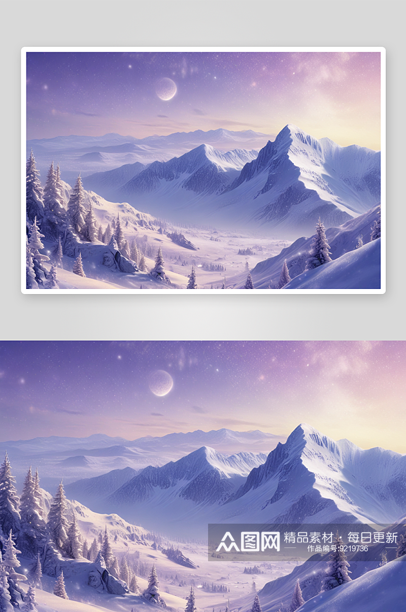 雪山之夜金色满月照亮的幽暗紫空素材