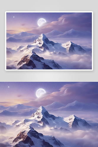 雪山之夜金色满月照亮的幽暗紫空