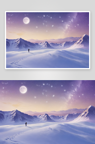 雪山之夜金色满月照亮的幽暗紫空