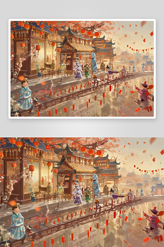 唐代繁华景象插画中的宴会盛宴与娱乐场所