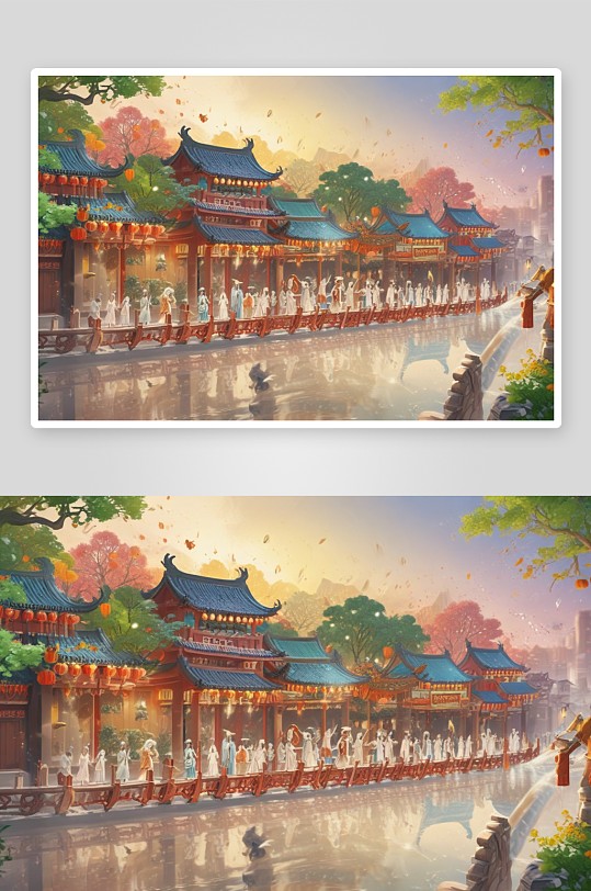 唐代繁华景象插画的文人雅士与书院风貌