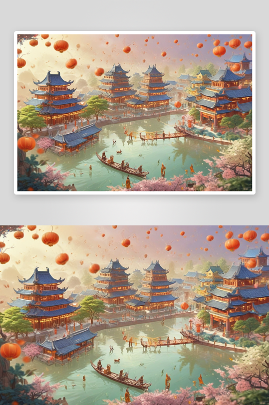 唐代繁华景象插画中的宗教庙宇与信仰场所