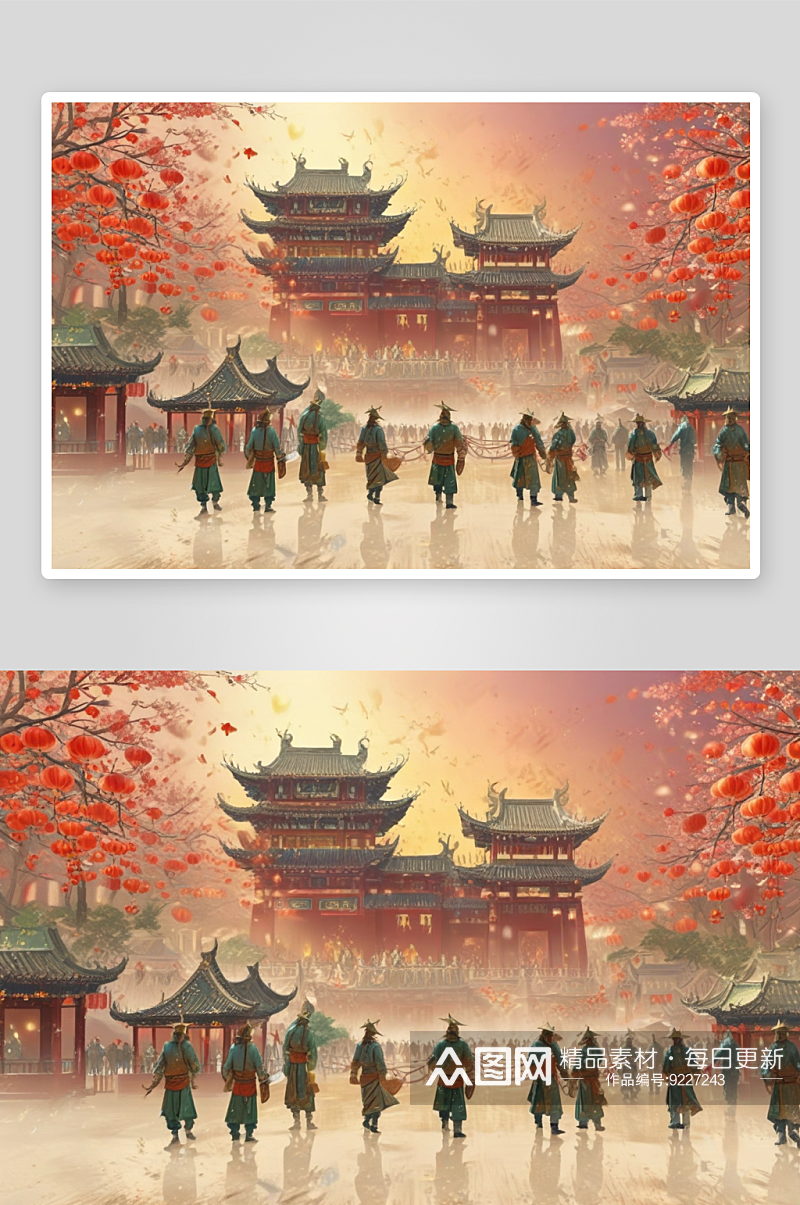 唐代繁华景象插画中的宗教庙宇与信仰场所素材