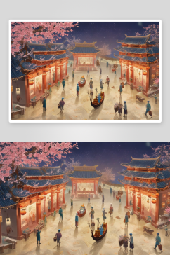 唐代繁华景象插画中的宗教庙宇与信仰场所