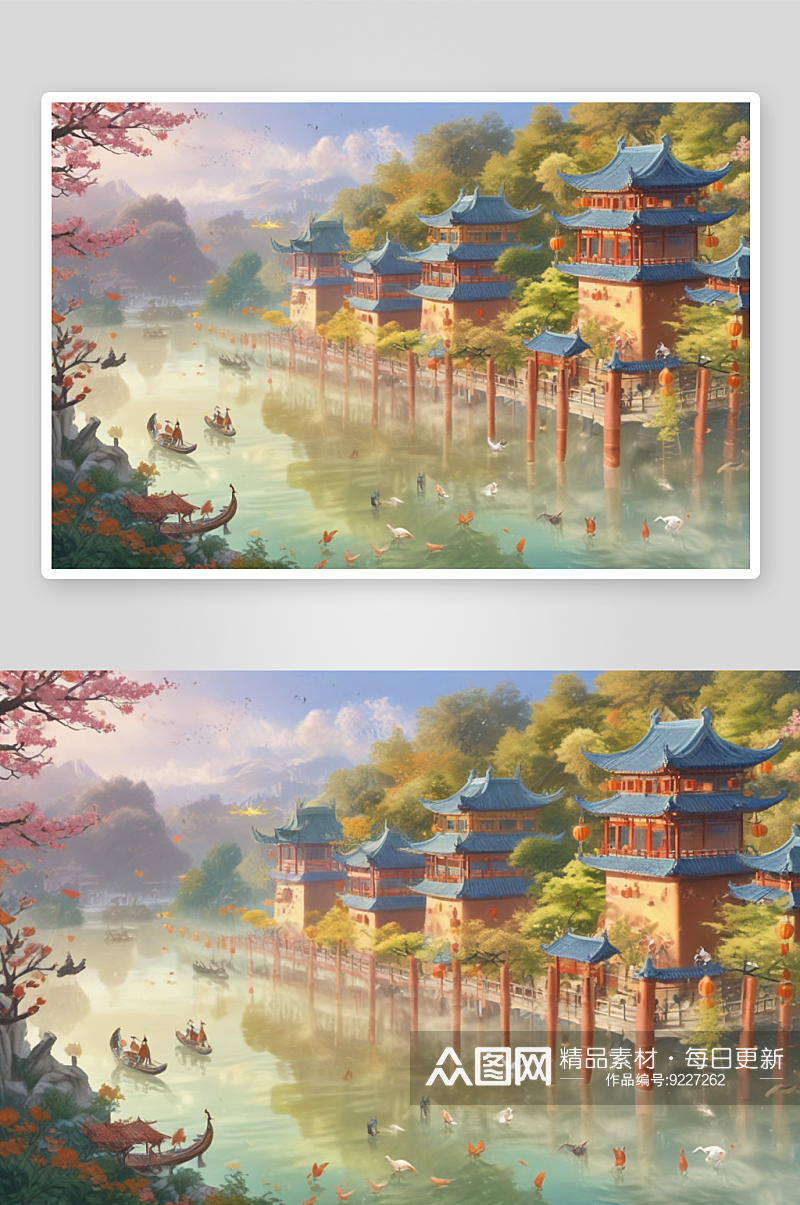 唐代繁华景象插画中的宗教庙宇与信仰场所素材
