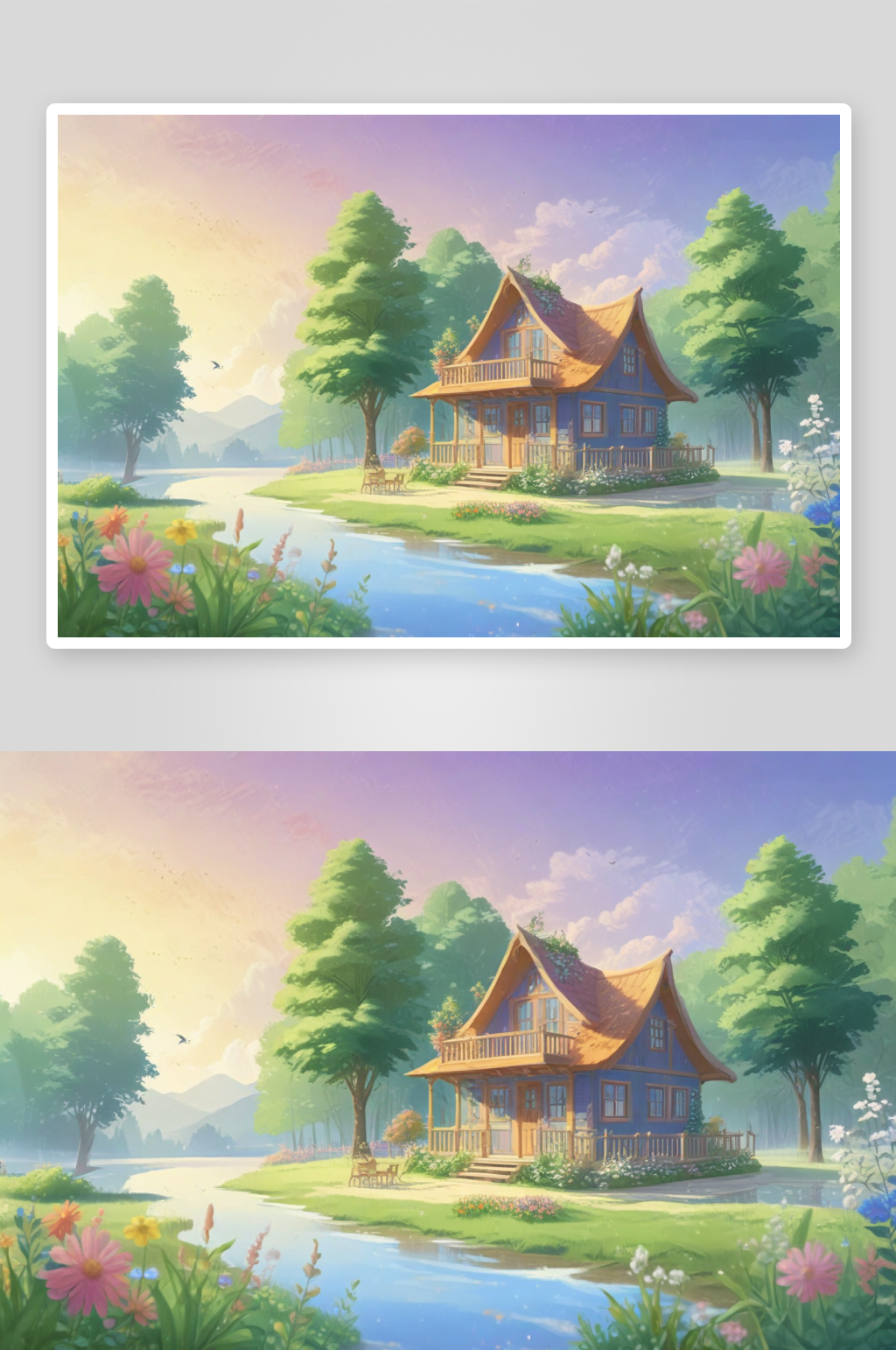 梦幻小屋与宁静池塘素材