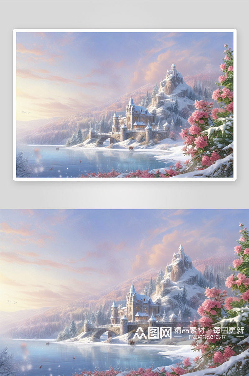 冰雪王国冰城堡下的冰玫瑰与冬日的童话素材
