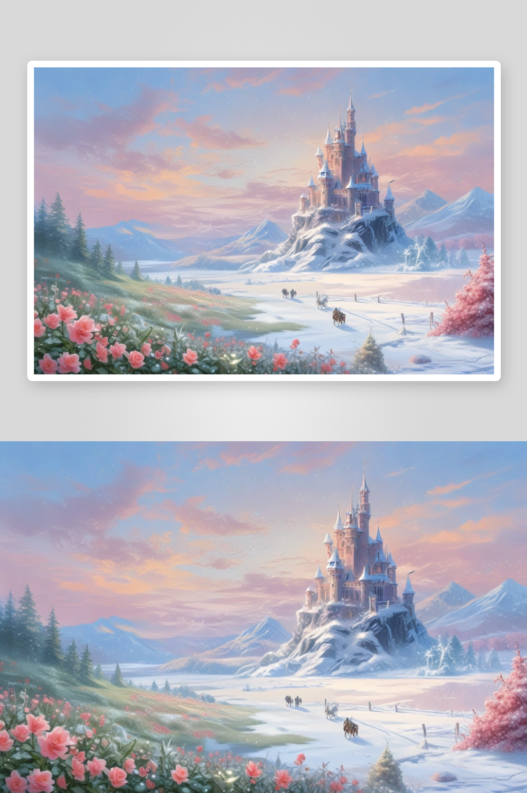 冰雪幻景冬日冰城堡中的冰玫瑰花朵盛开素材