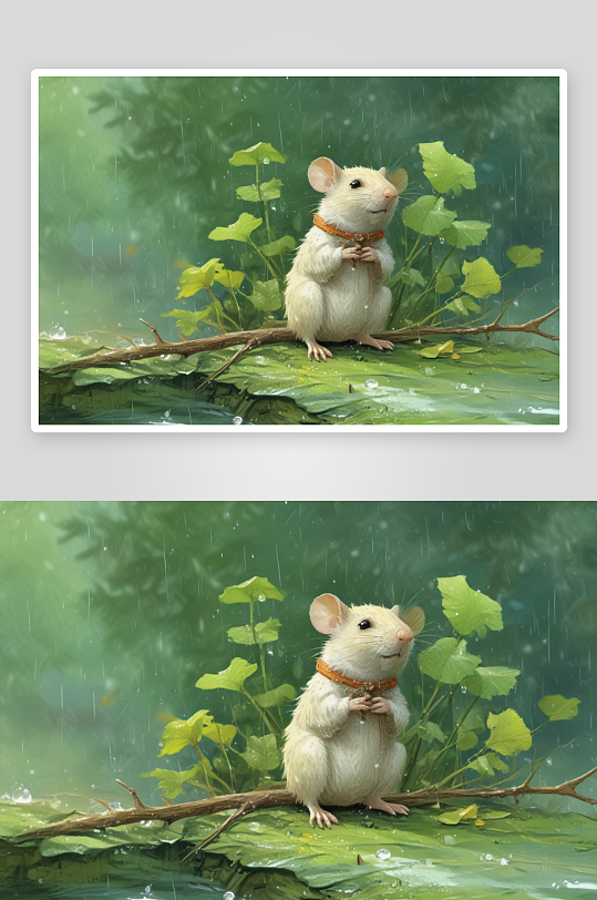 可爱小老鼠雨滴中的乖巧模样