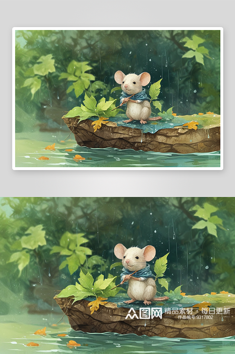 可爱小老鼠在下雨天湿毛毛的可爱模样素材