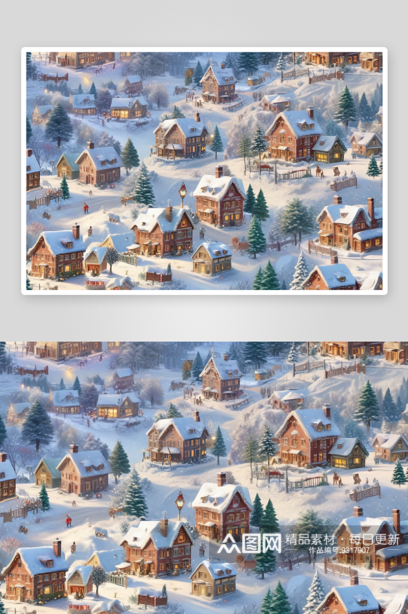 冬天里的圣诞村雪中的温暖村庄素材