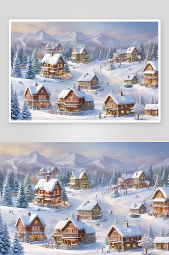 冬天里的圣诞村雪中的温暖村庄