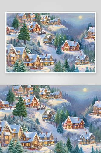冬天的圣诞村白雪皑皑的童话世界