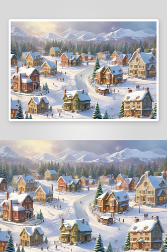 圣诞村的冬日风景梦幻冬季仙境