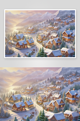 圣诞村的冬日风景梦幻冬季仙境