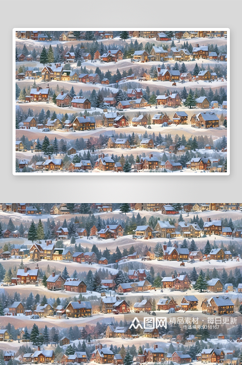 冬天里的圣诞村雪中的温暖村庄素材