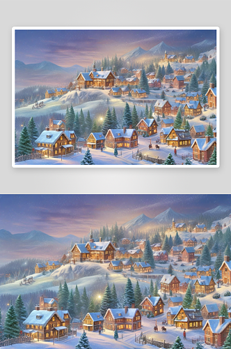 冬天里的圣诞村雪中的温暖村庄