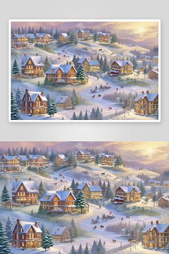 冬天的圣诞村白雪皑皑的童话世界