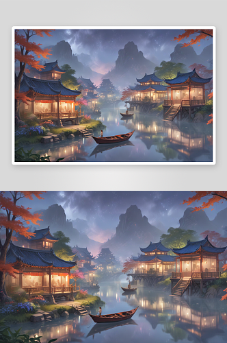 湖中船亭画中国风格艺术之美