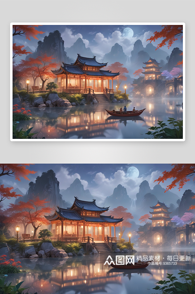 湖中船亭画中国风格艺术之美素材